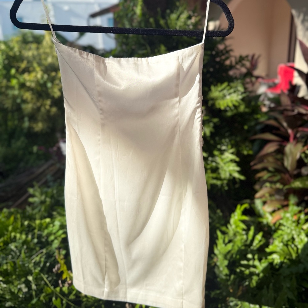 Meshki Cream Full Side Lace Up Satin Mini Dress